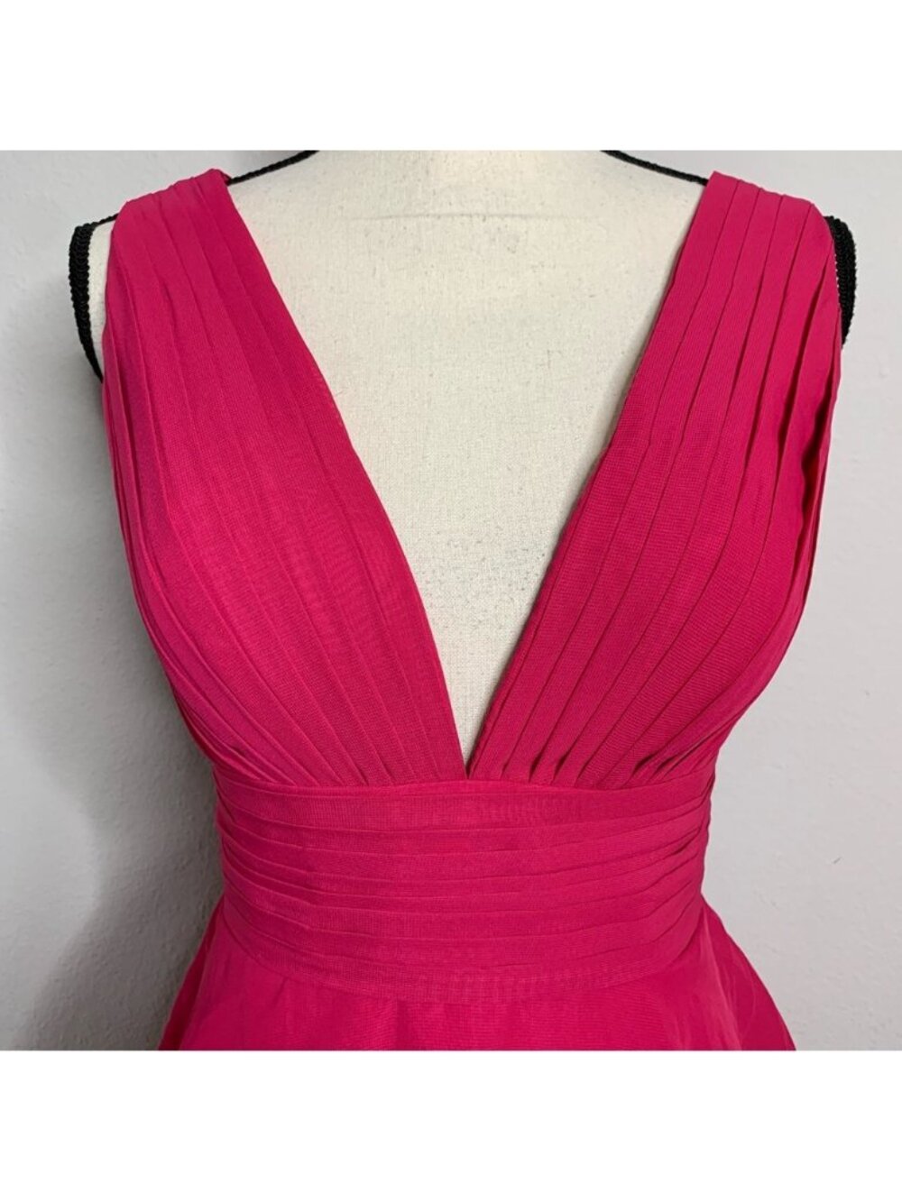Fuchsia Pink Plunging V-Neck Tiered Chiffon Maxi Gown Sleeveless Formal Dress - Picture 6 of 14